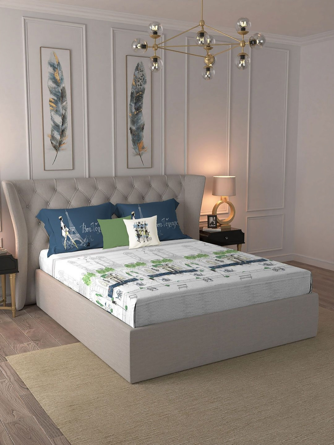 MYTRIDENT His & Her White Graphic Cotton 144 TC King Bedsheet with 2 Pillow Covers-108 x 108 inches