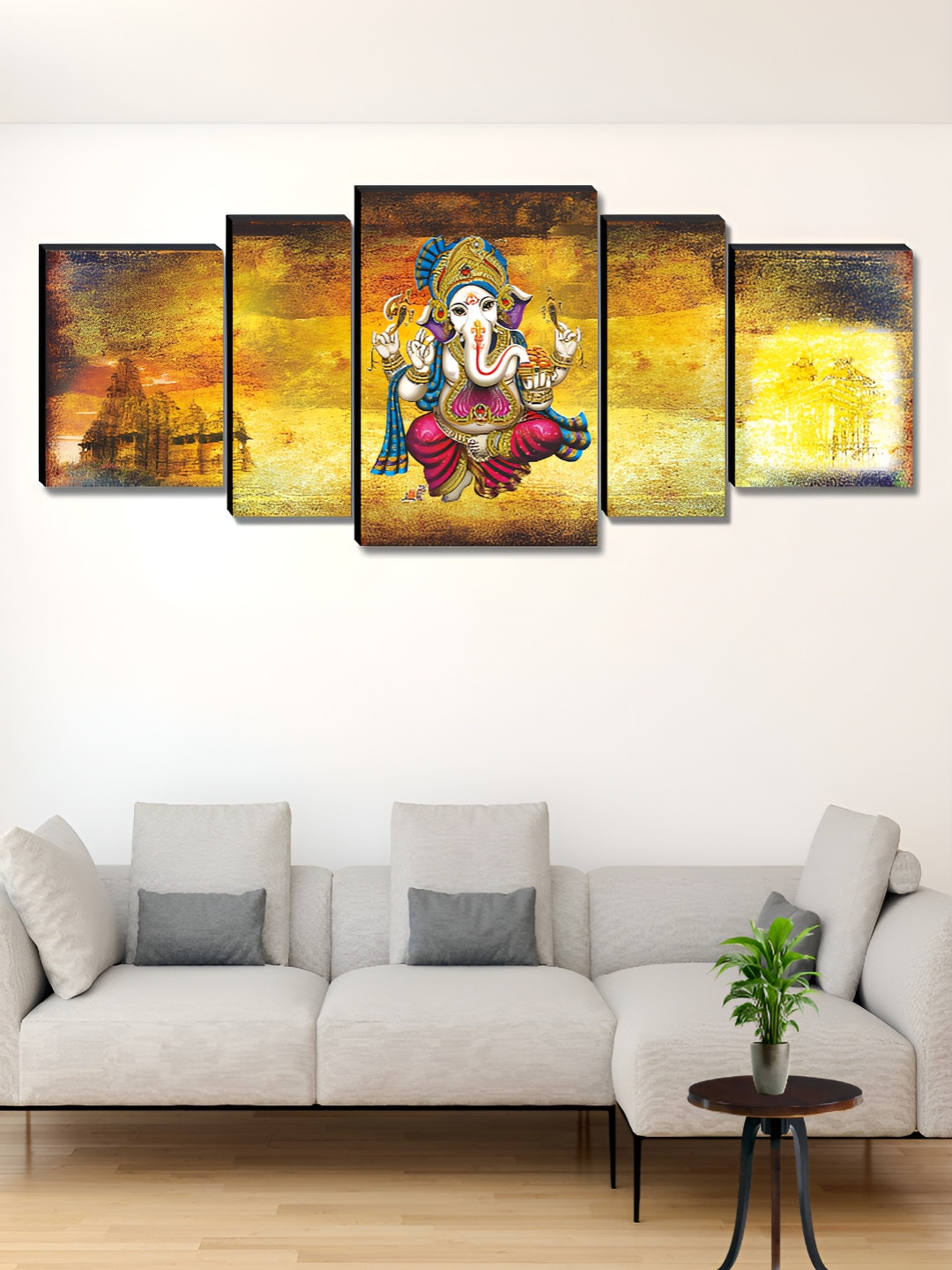 SAF Yellow & Blue 5 Piece Lord Ganesh Canvas Wall Arts