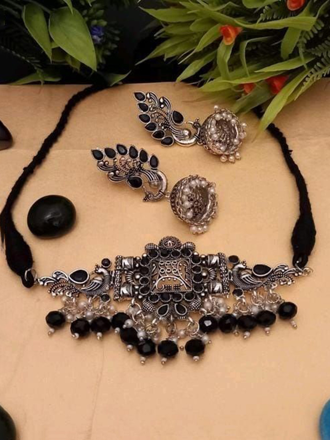 SZN Stone Studded & Beaded Peacock Jewellery Set