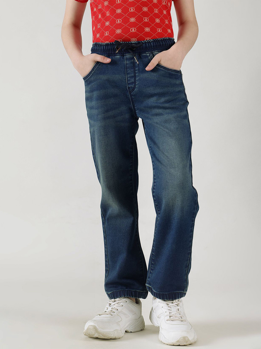 One Friday Boys Blue Denim Light Fade Mid-Rise Stretchable Jogger Jeans