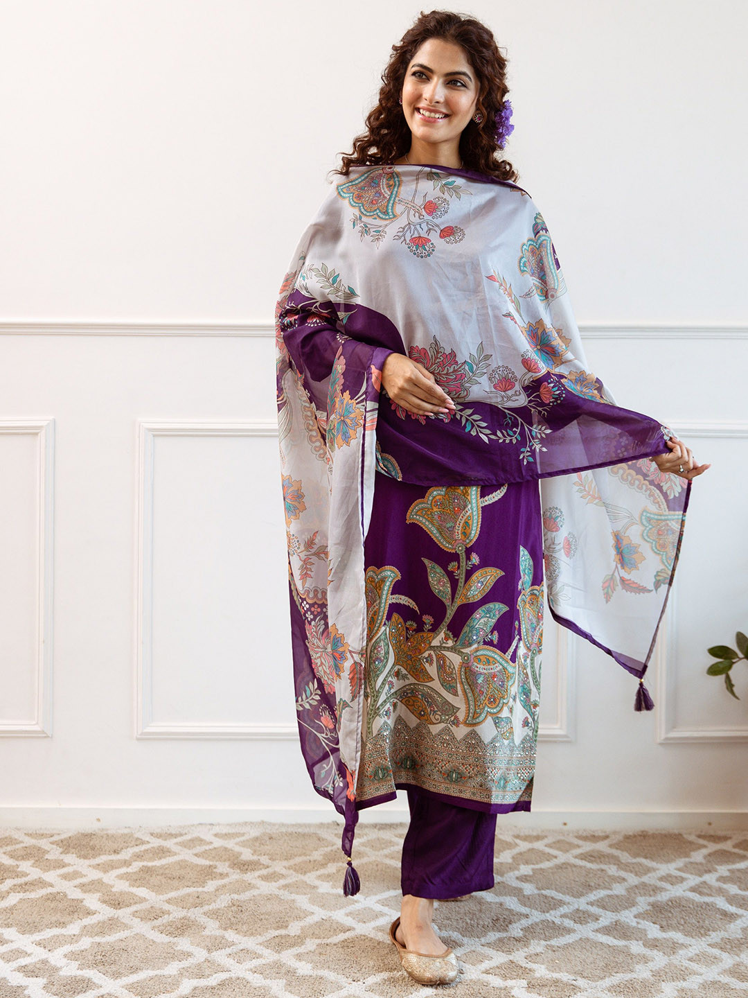 KALINI Floral Printed Straight Kurta With Trousers And Dupatta