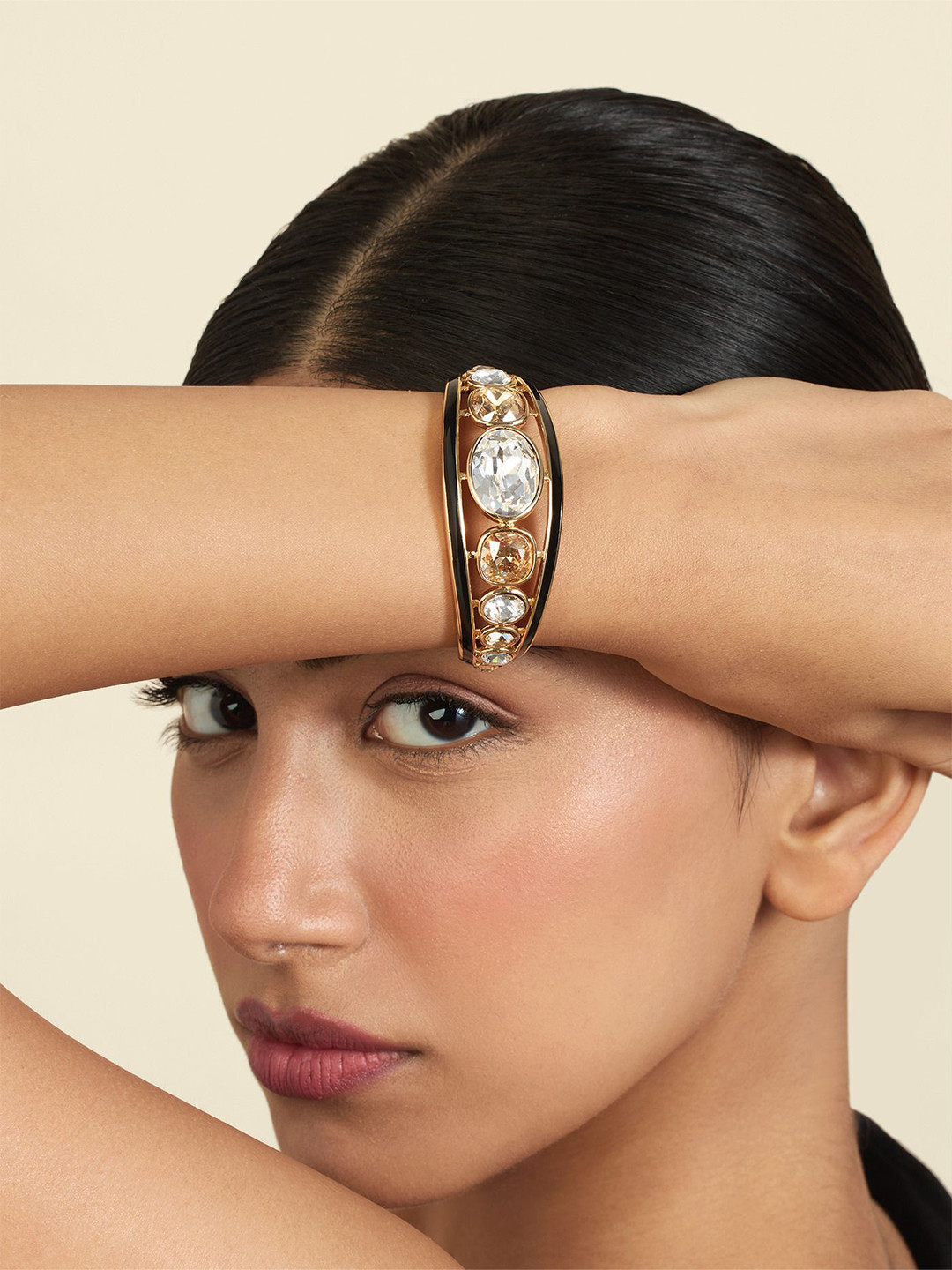 Isharya Women Brass 18KT Gold-Plated Crystals Studded Water Baby Statement Cuff Bracelet