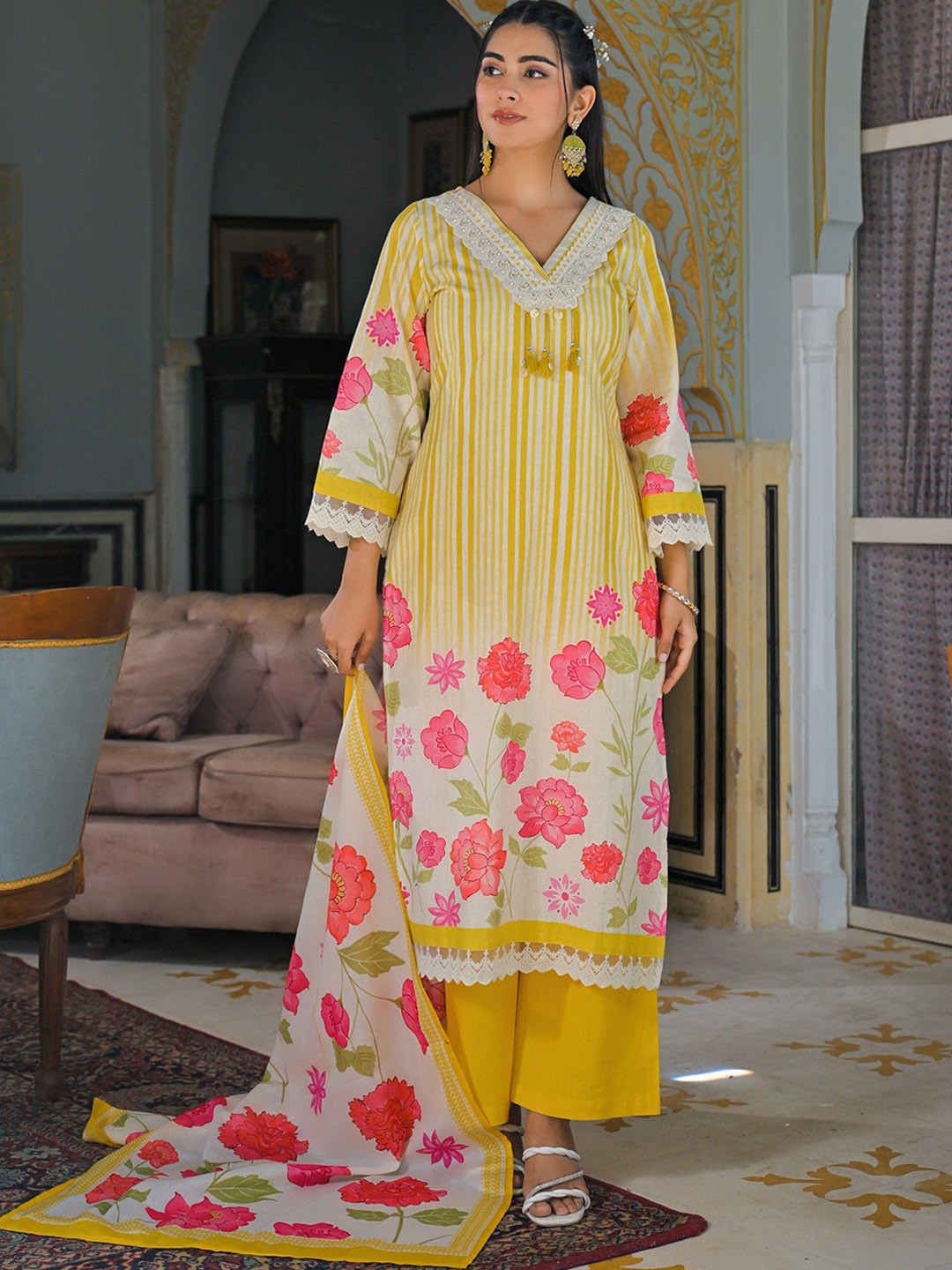 AUTUMN LANE Punita Amber Floral Printed V-Neck Pure Cotton Kurta With Palazzos & Dupatta Set