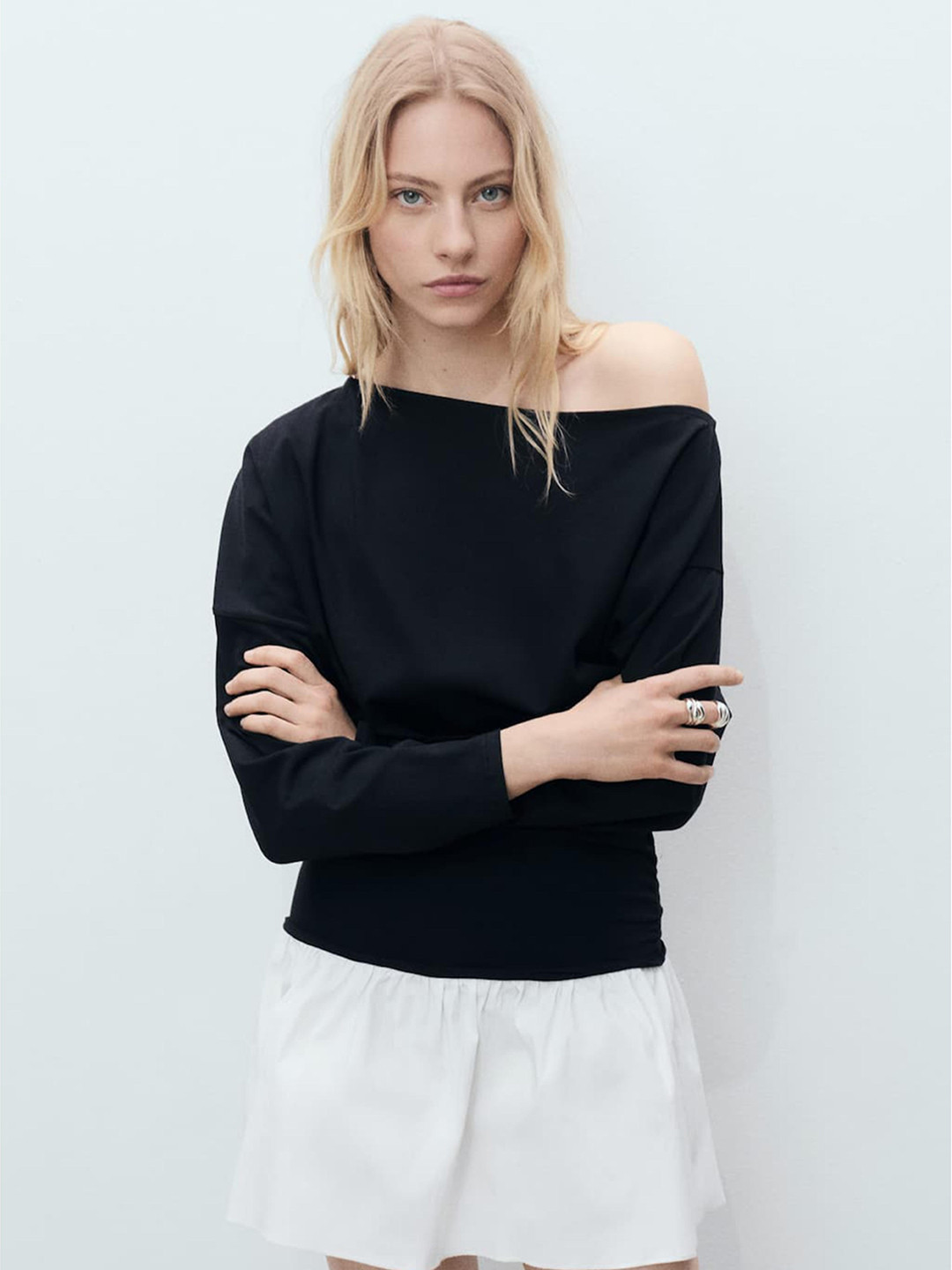 MANGO Combined Fabric Drop-Waist Asymmetric Ruched Mini Dress