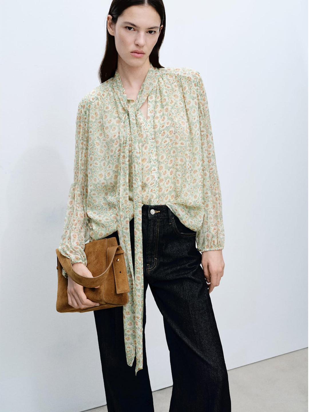 MANGO Floral Print Tie-Up Neck Shirt Style Top