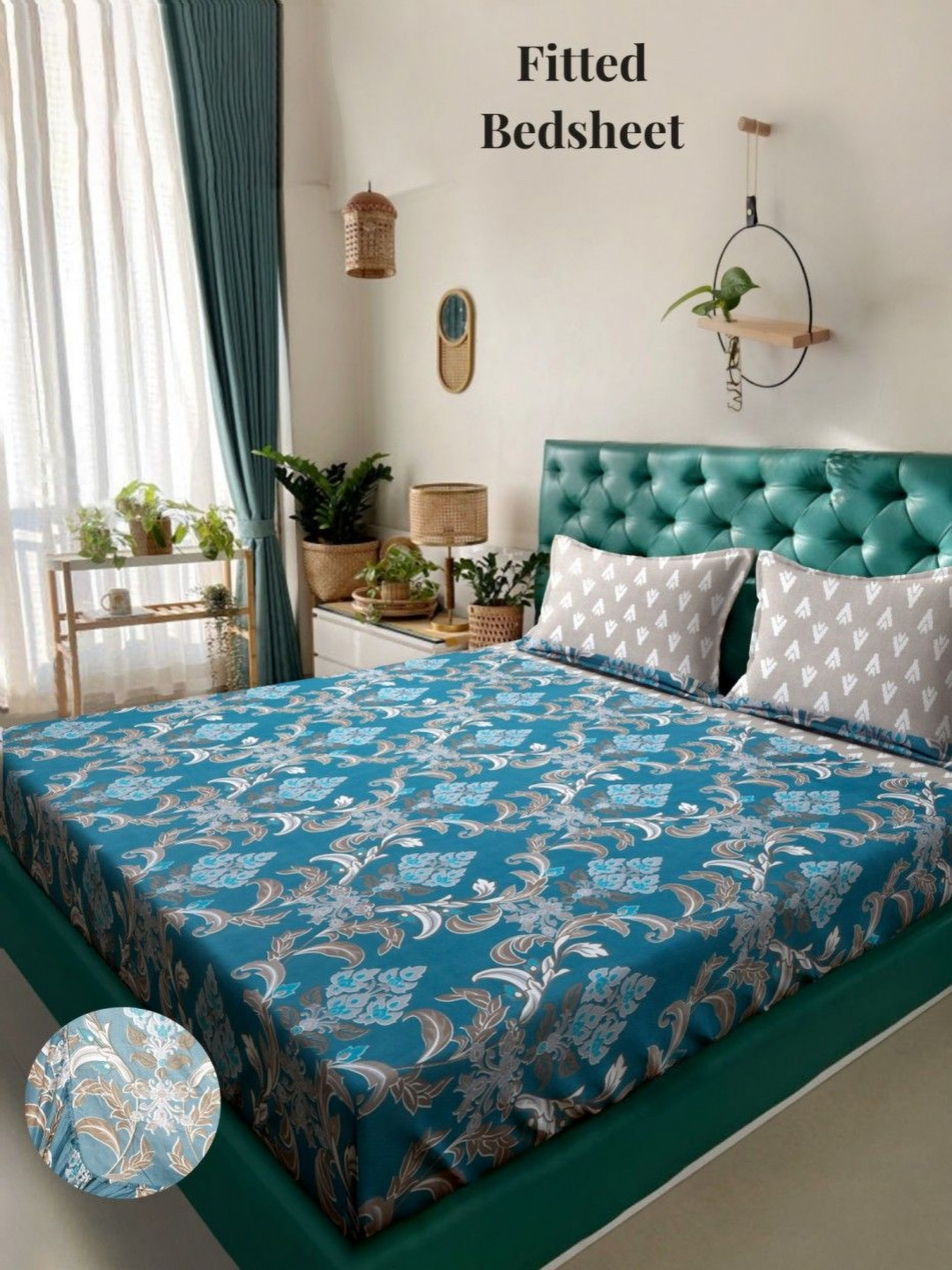 Arrabi Ncs Sw-Collection Beige Floral Cotton 300 TC Fitted Super King Fine Bedsheet with 2 Pillow Covers-254 x 218 cm