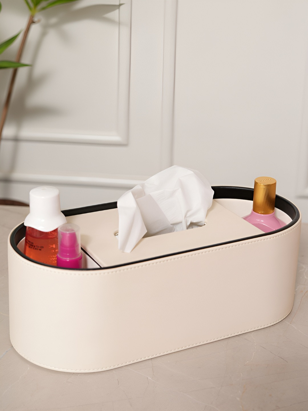 HOME 360 Beige & Black Leather Tissue Holder With Storage Organiser