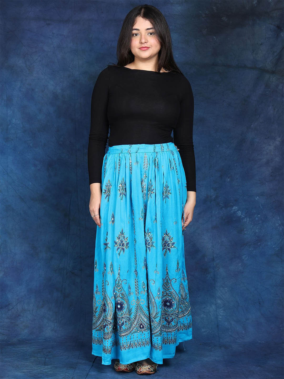 Exotic India Women Long Skirt With Printed Flowers & Embroidered Sequins Skirts