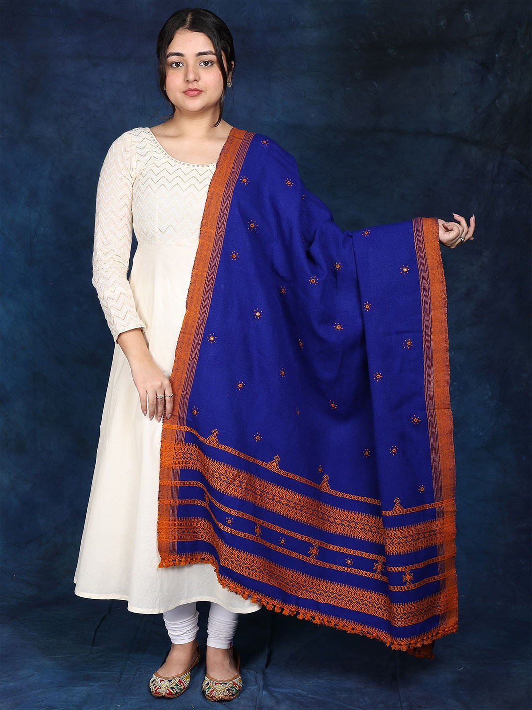 Exotic India Shawl From Kutch With Woolen Embroidered Flowers And Mirrors