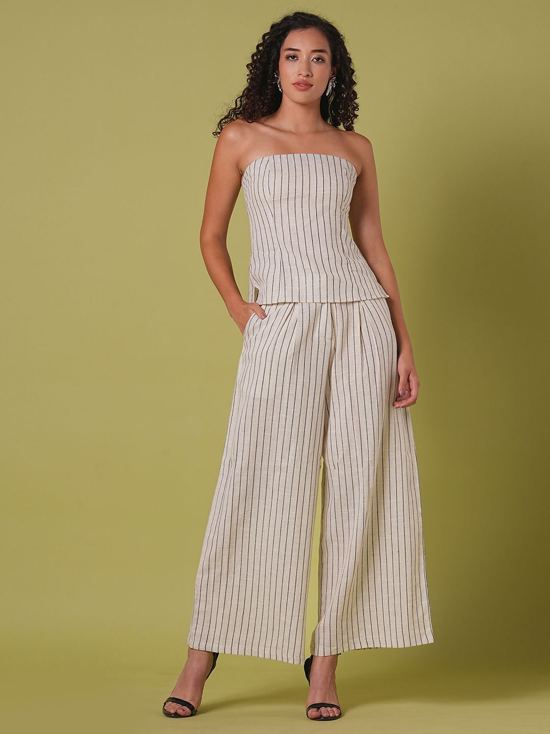 Globus Striped Pattern Smocked Off Shoulder Top With Wide Leg Trousers Co-Ord Set