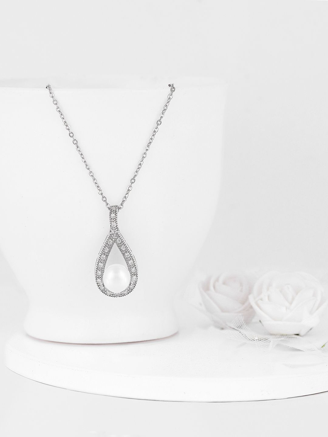 GIVA 925 Silver Rhodium-Plated Teardrop Shaped Pearl Pendant with Chain