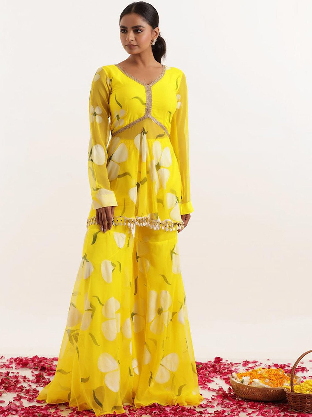 DEASHA INDIA Leher Floral Printed V-Neck Tunic With Sharara