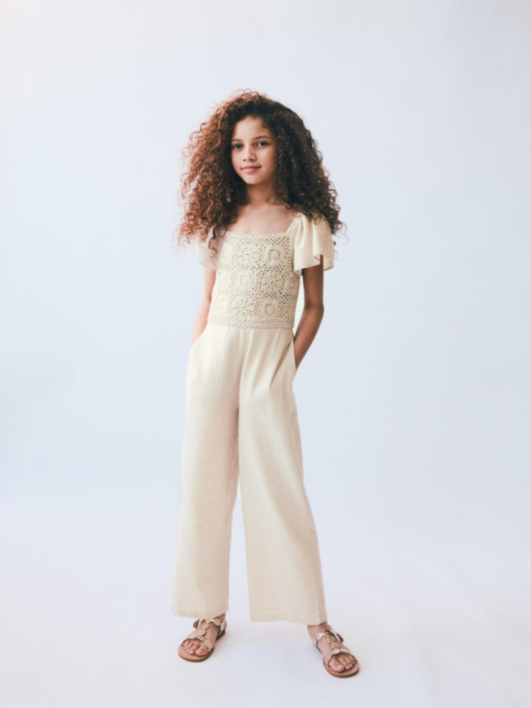 Mango Kids Girls Cotton Linen Self Design Printed Jumpsuit