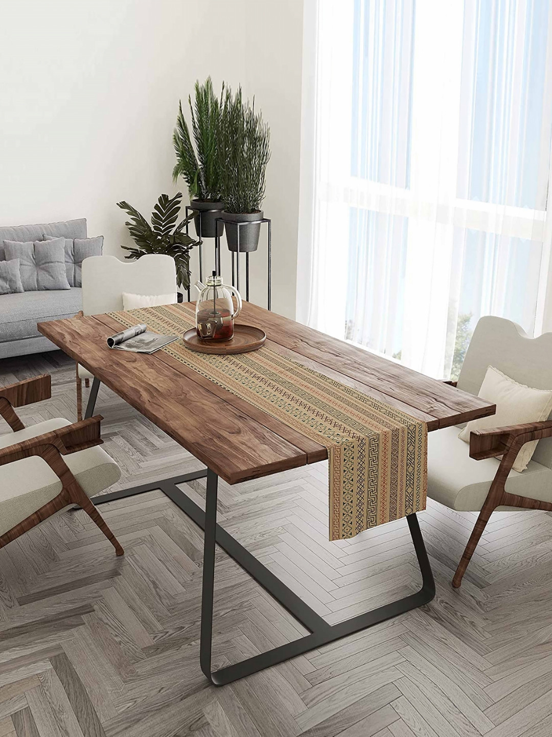 STITCHNEST Brown Cotton Canvas Printed Table Runner