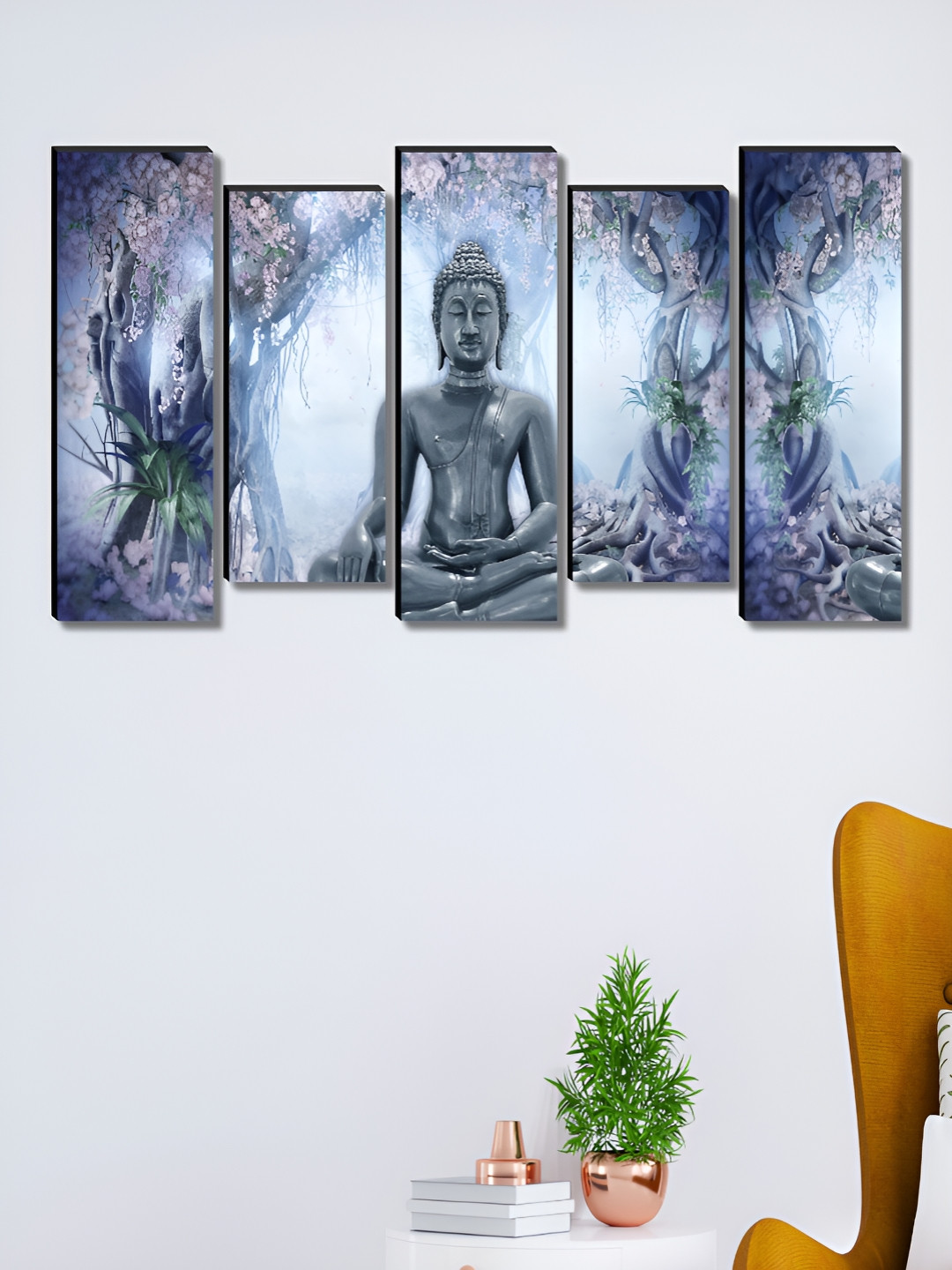 SAF Buddha Painting Wood 5 Piece Rectangle Paintings Wall Art-18 x 30In