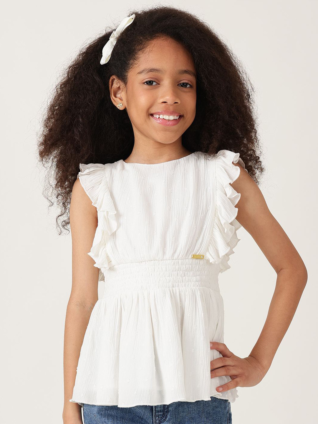 One Friday Girls Off White Solid Flutter Sleeve Cotton Top