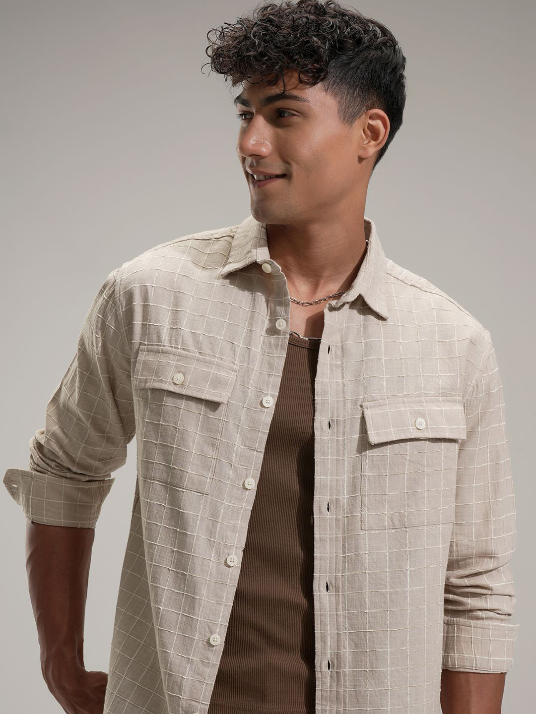 LOCOMOTIVE Men Comfort Relaxed Fit Textured Spread Collar Cotton Casual Shirt