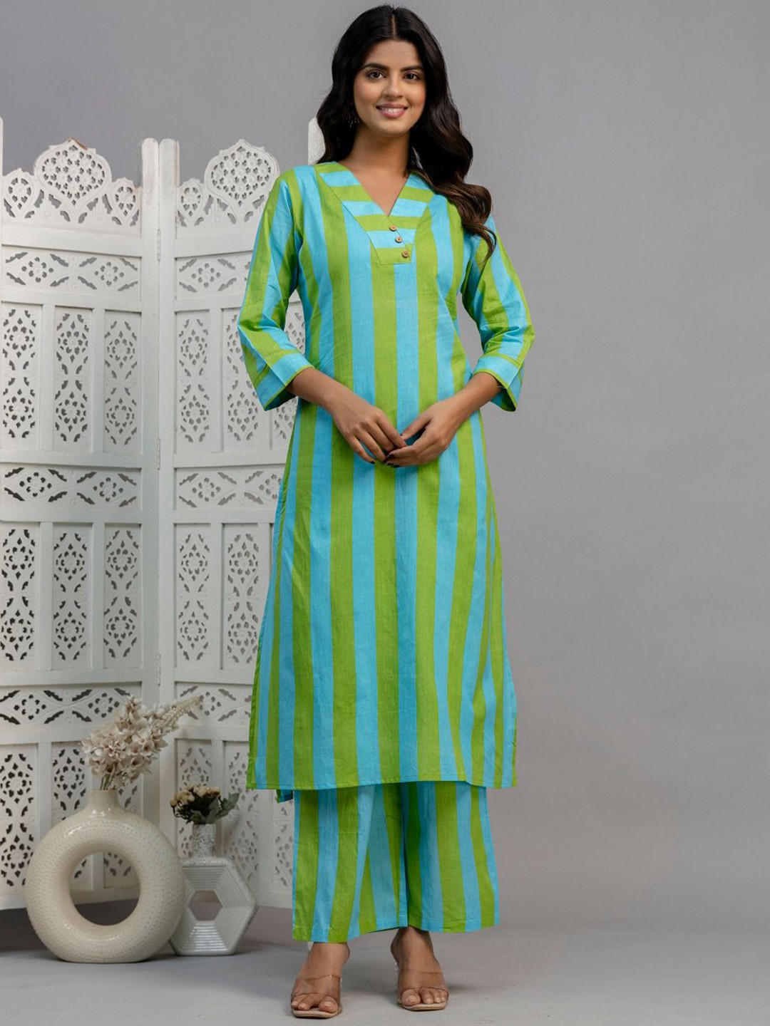 AUTUMN LANE Mika fern Striped V-Neck Pure Cotton Straight Kurta With Palazzos