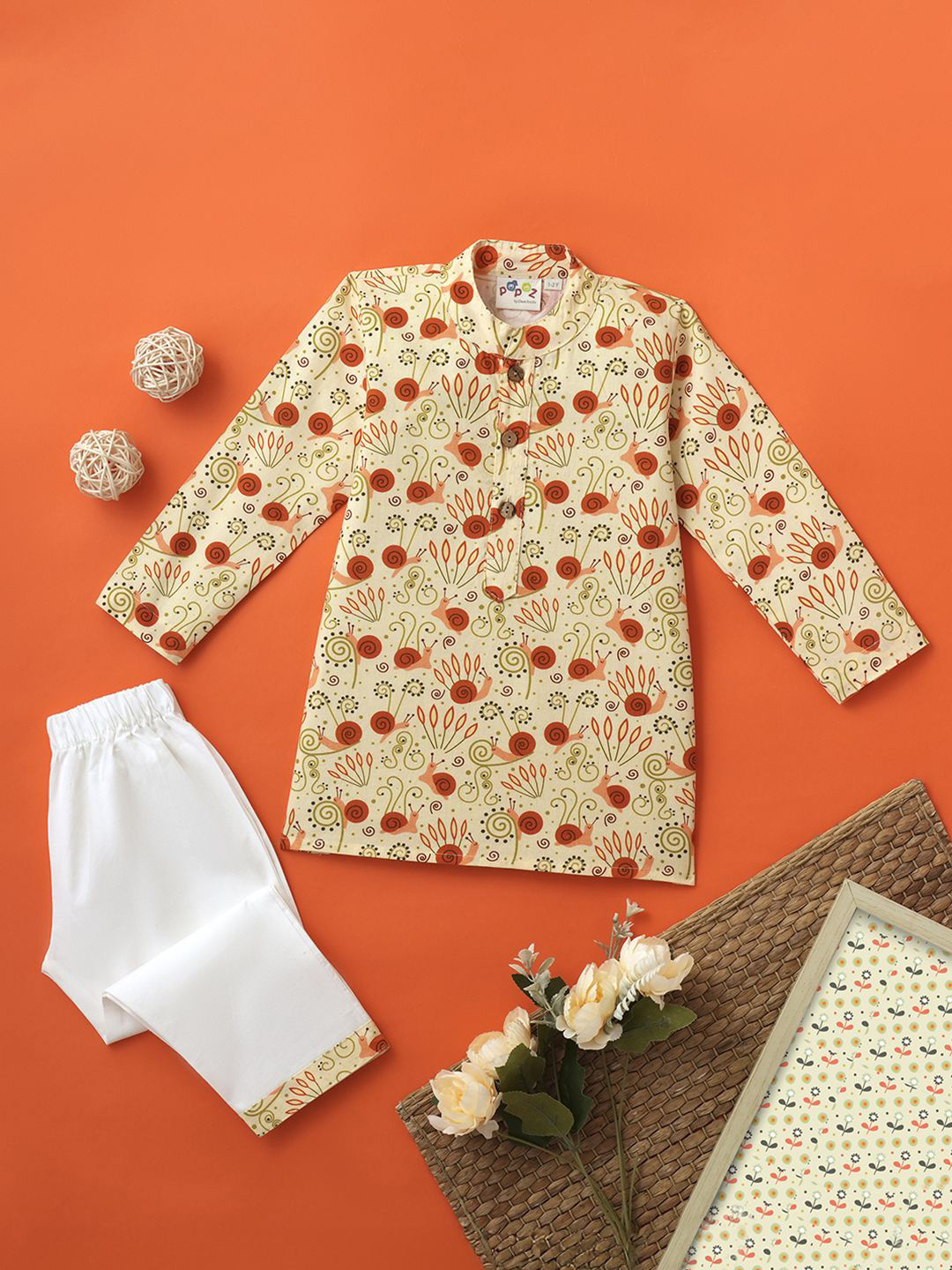 Desi Soota Boys Snail Printed Mandarin Collar Pure Cotton Kurta With Pyjamas
