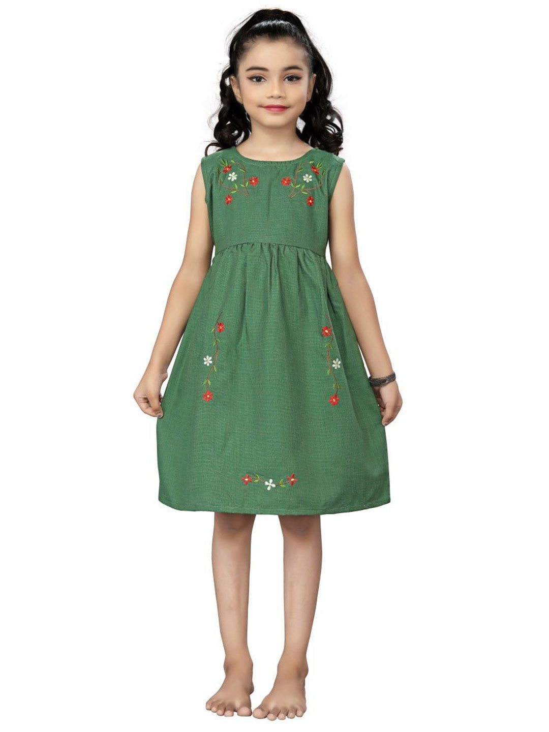 Ras Madhuri Girls Cotton Floral Embroidered Sleeveless Fit and Flare Dress