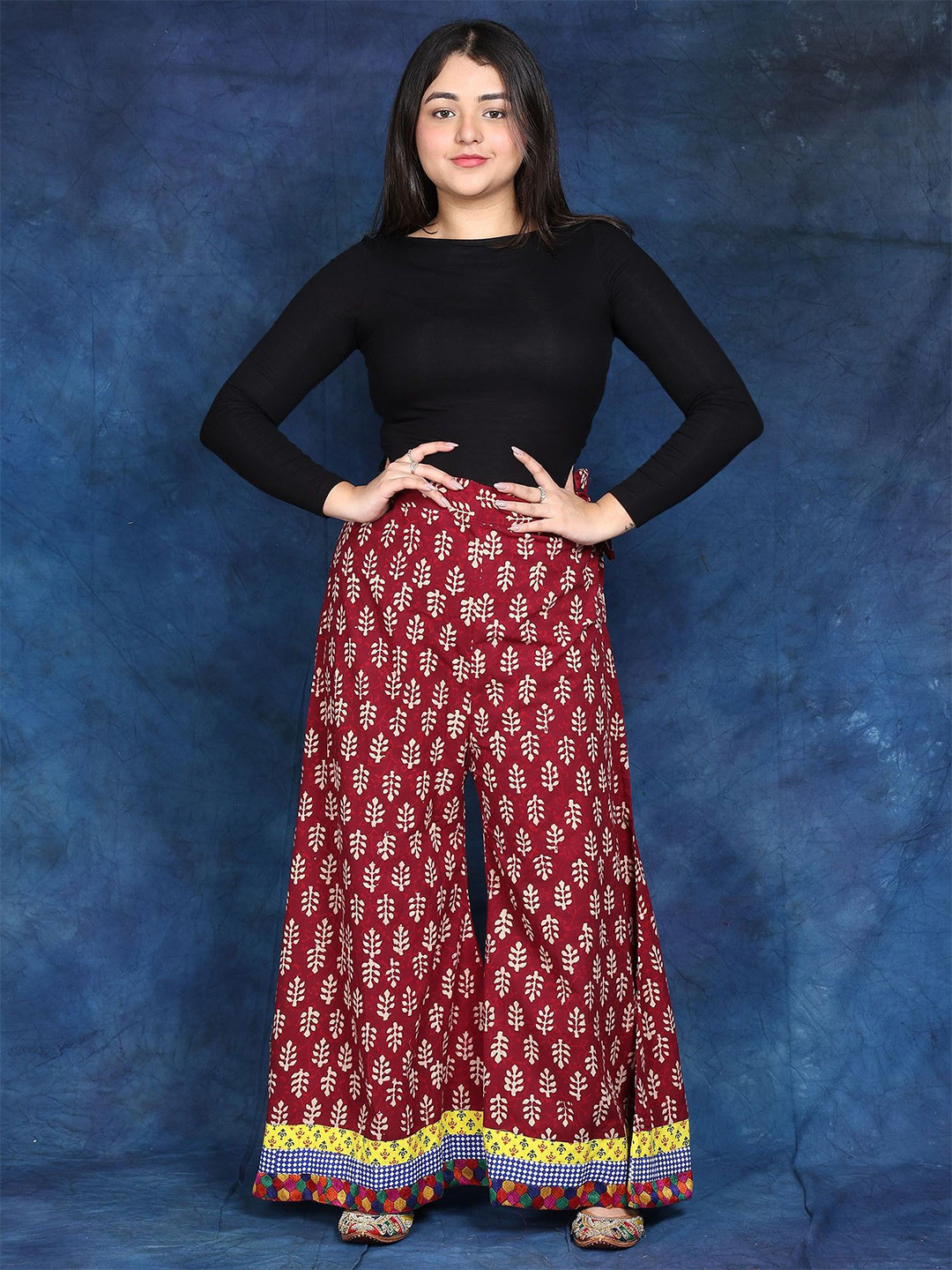 Exotic India Casual Pure Cotton Palazzo Pant Pilkhuwa with Printed Bootis And Patch Border