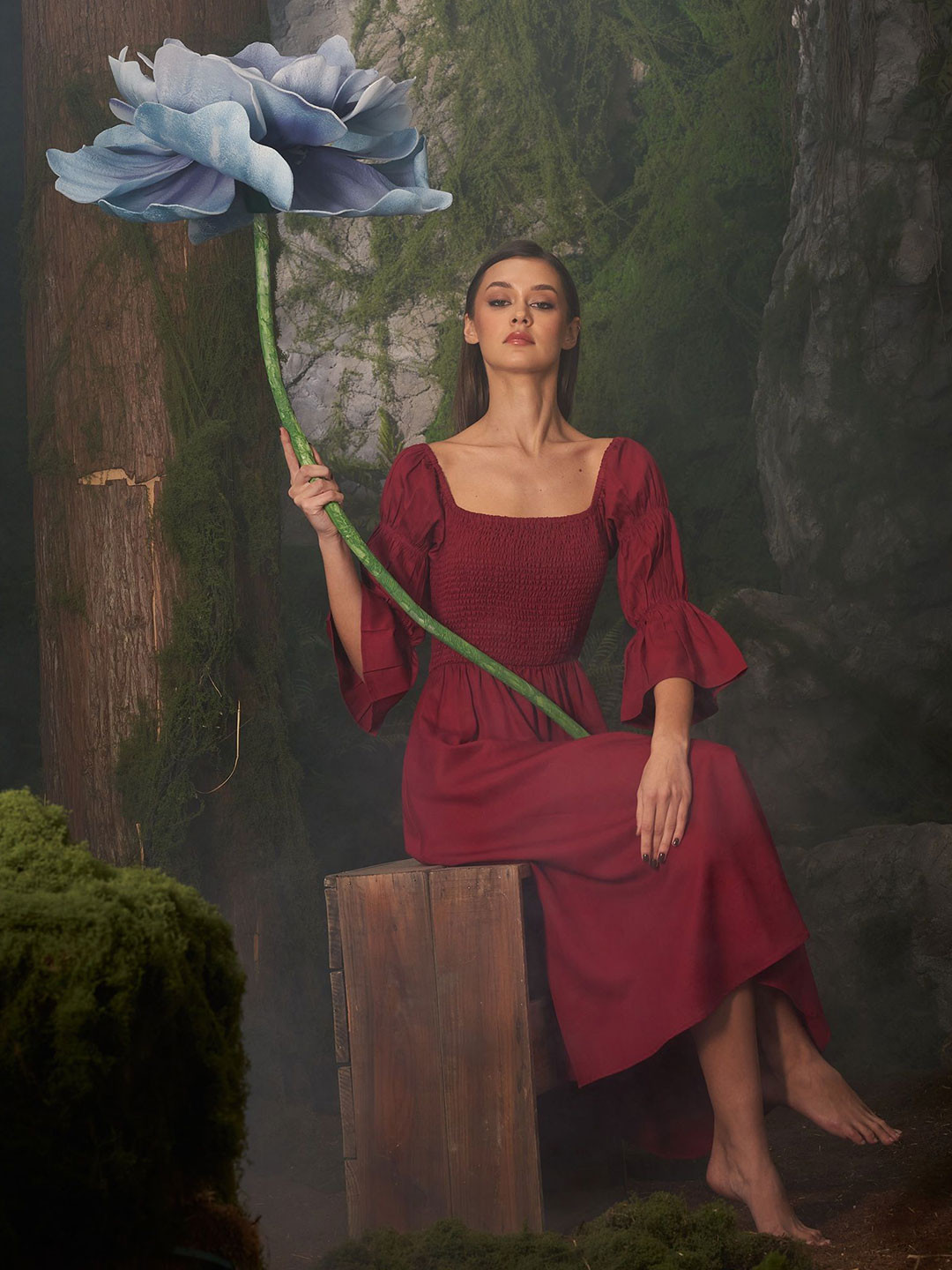 ASHITA FERNANDES Self Design Gathered or Pleated A-Line Midi Dress