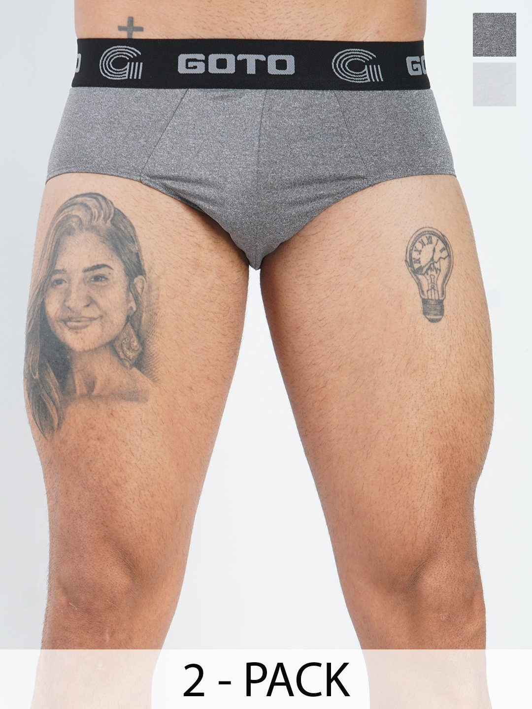 GOTO Pack Of 2 Mid-Rise Basic Briefs Mel lycra outer elastic DGREY LGREY 2Ps