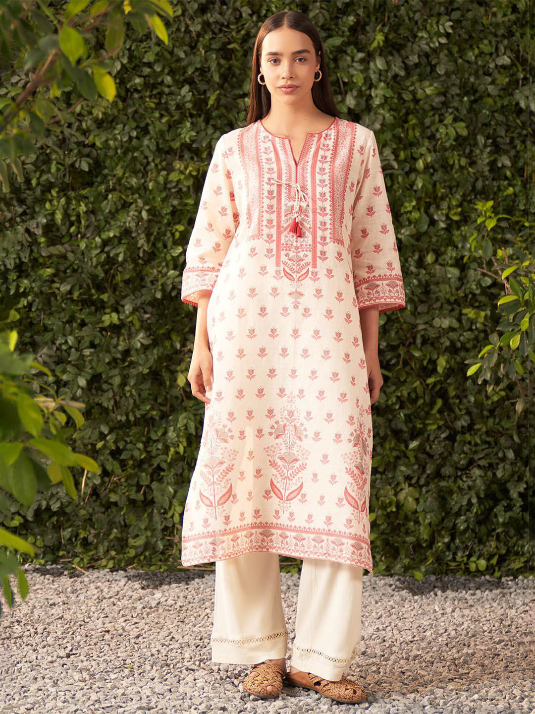 Lakshita Floral Printed Flared Sleeves Stones Work Cotton Linen Straight Kurta