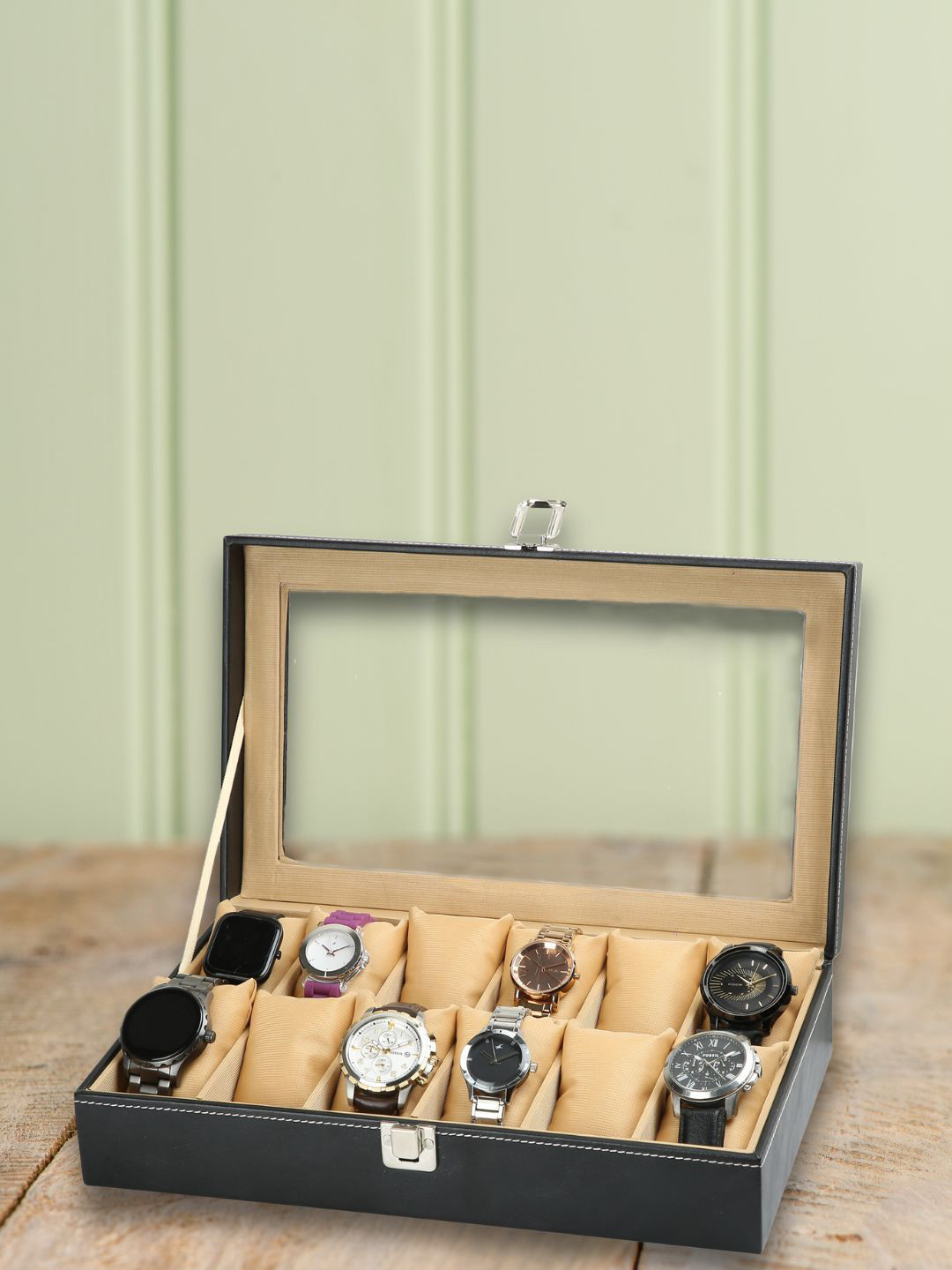 ZENWOOD Black And Beige 12 Slots Watch Organiser Box