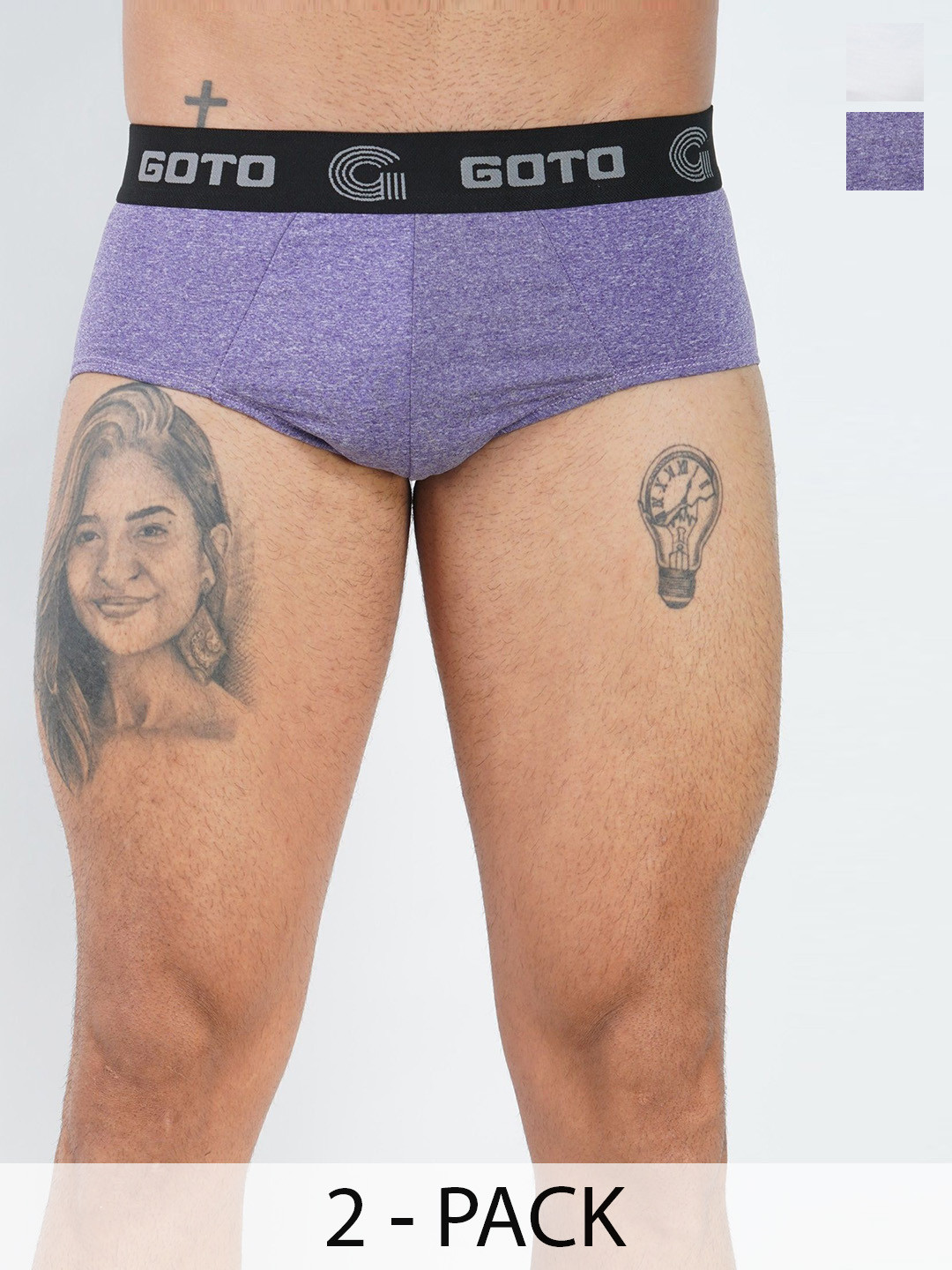 GOTO Men Pack Of 2 Solid Mid-Rise Basic Briefs Mel lycra outer elastic LGREY PURPLE 2Ps