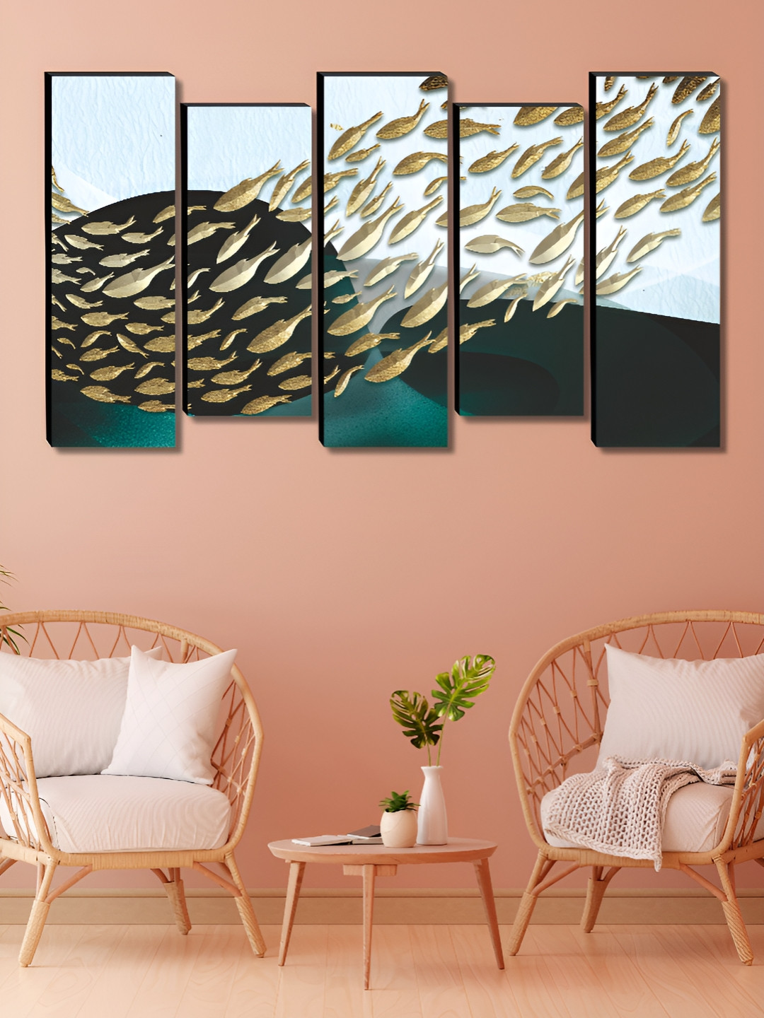 Aura Beige & Black 5 Pieces Fishes Printed Wooden Wall Paintings
