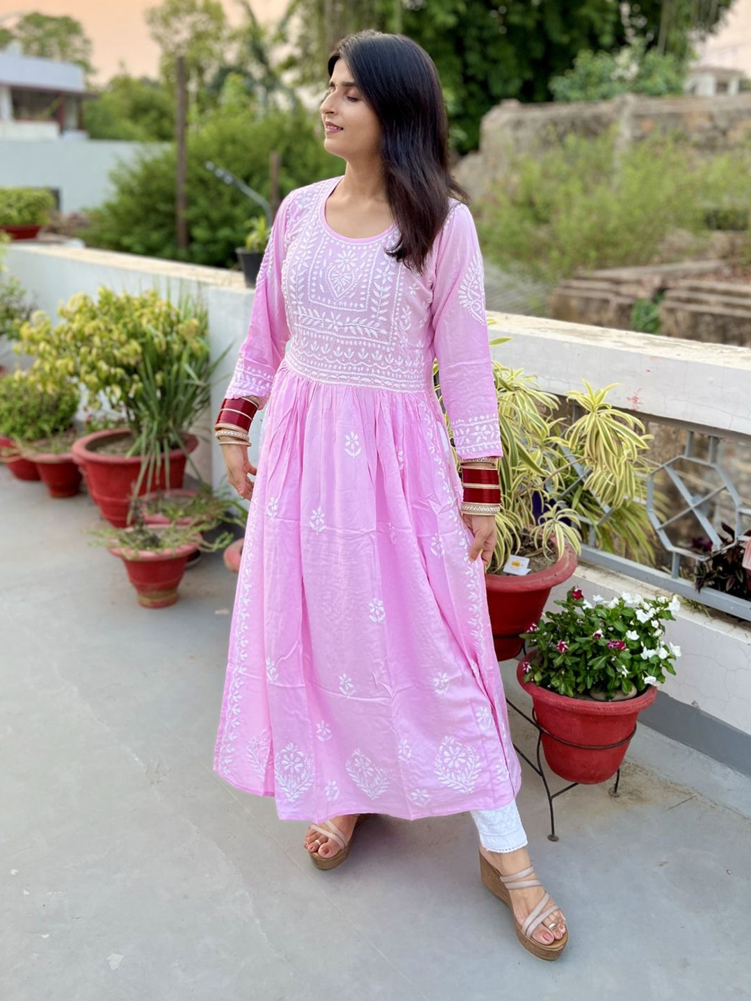 Everything In Chikankari Floral Embroidered Chikankari Pleated A-Line Kurta