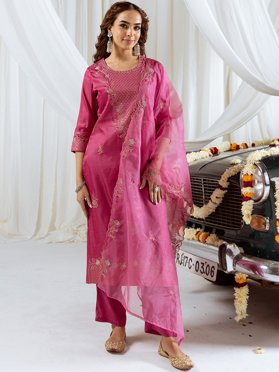 Sangria Floral Embroidered Round Neck Sequinned Muslin Silk Kurta & Trousers With Dupatta