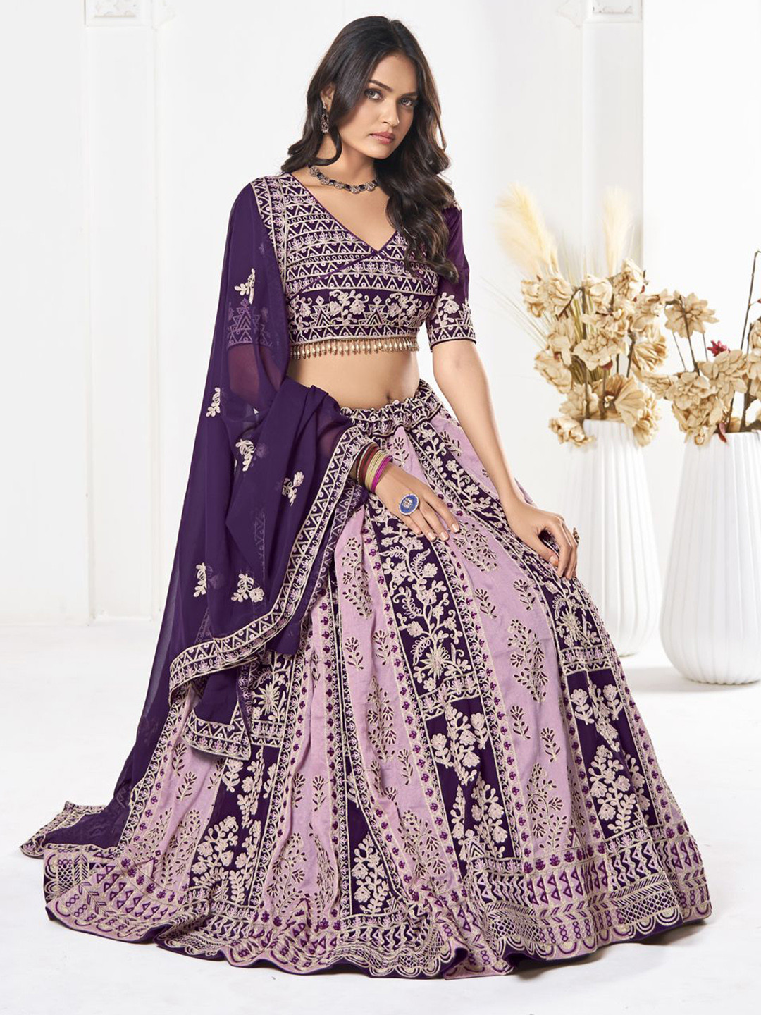 Warthy Ent Thread Work Semi-Stitched Lehenga & Unstitched Blouse With Dupatta