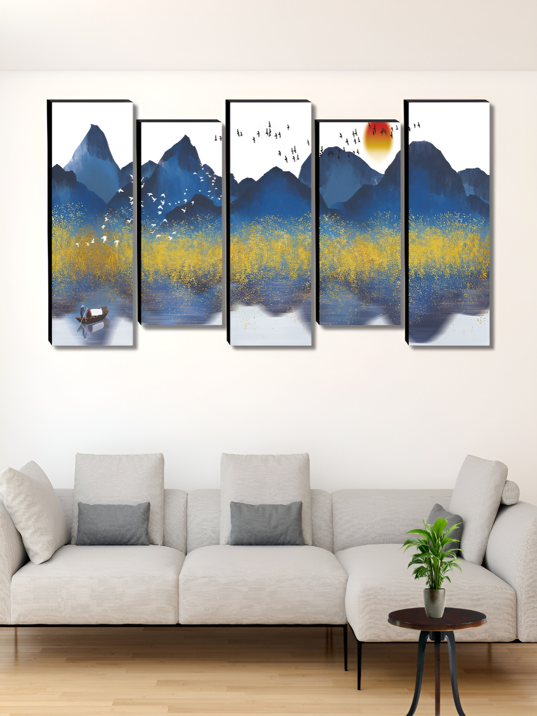 Aura Blue & White 5 Pieces Wooden Mountain Wall Paintings