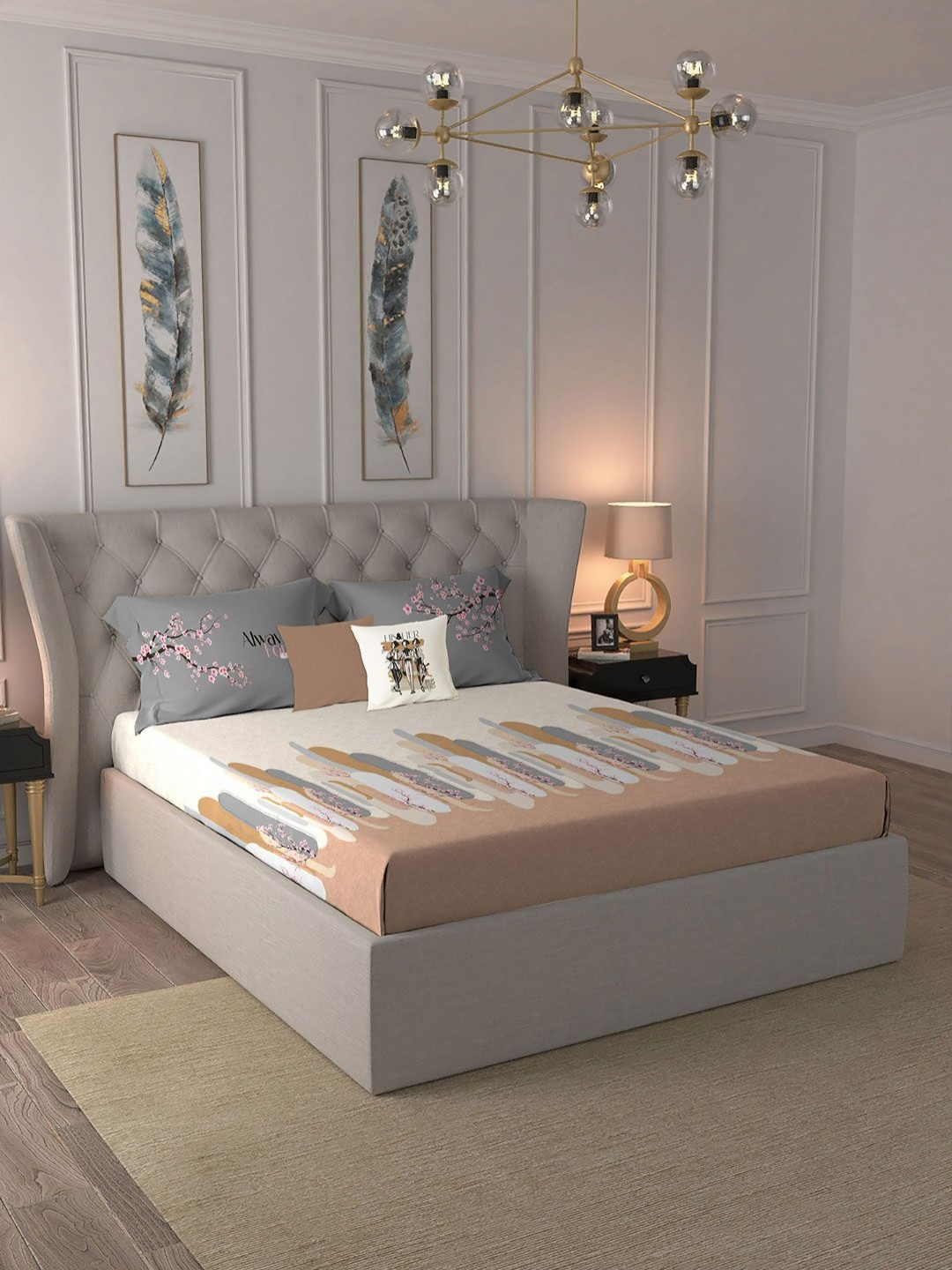 MYTRIDENT His &Amp; Her Cream Floral Pure Cotton 144 TC King Bedsheet with 2 Pillow Covers-108 x 108 inches