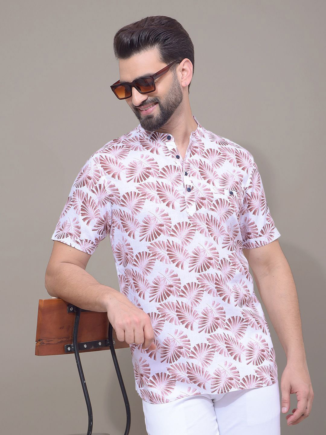 Crimsoune Club Floral Printed Band Collar Half Sleeves Cotton Straight Short Kurta
