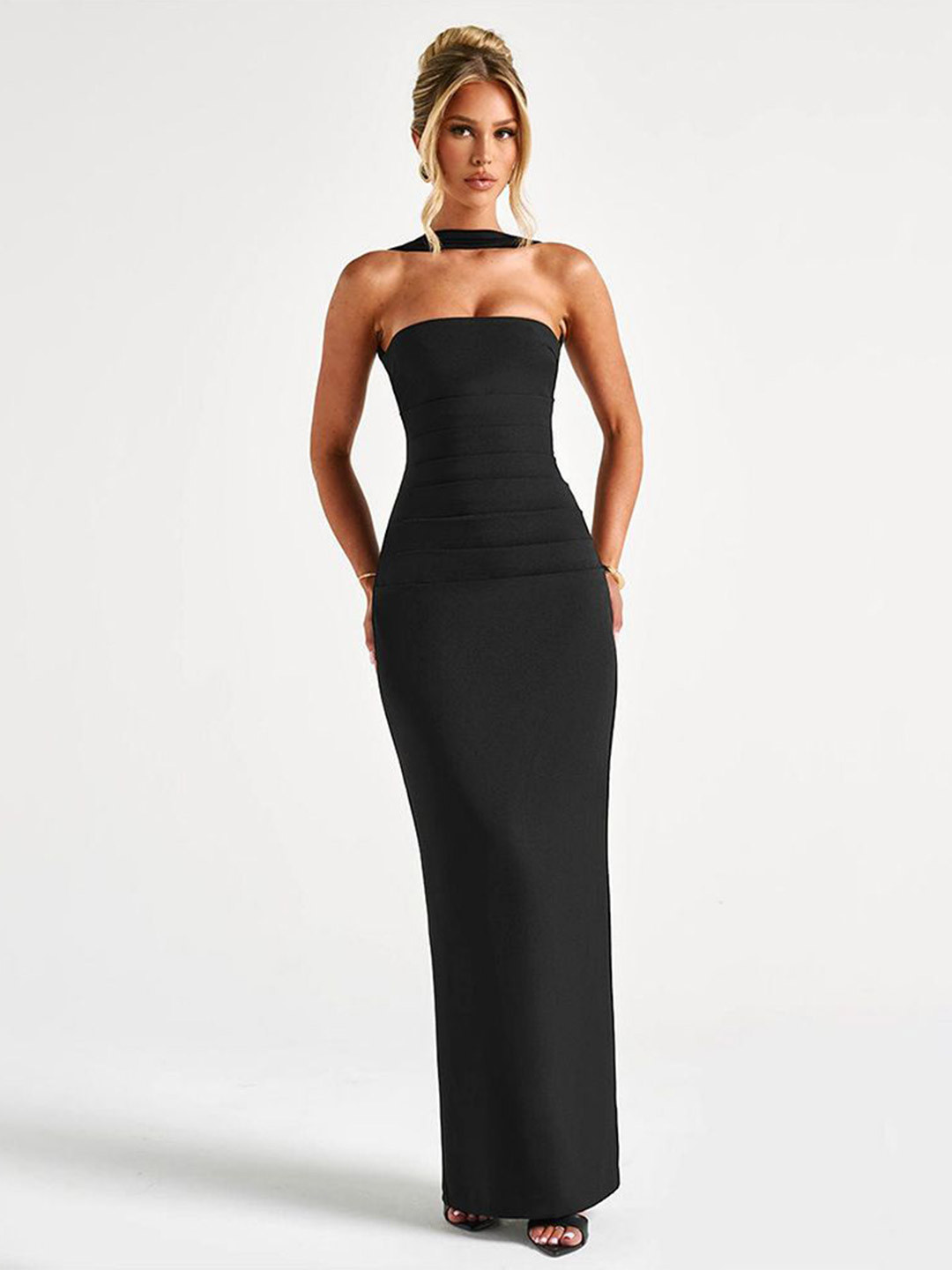 MIAKEE Solid Black Bandeau Maxi Dress With Stole
