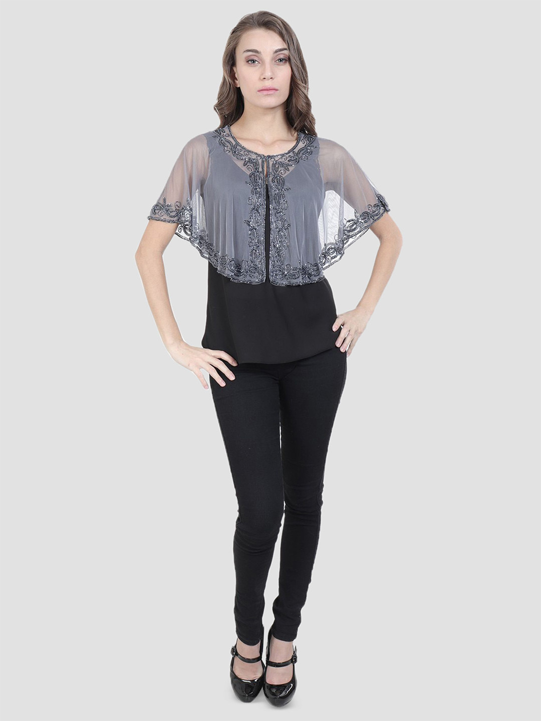 HAUTEMODA Embellished Net Shrug
