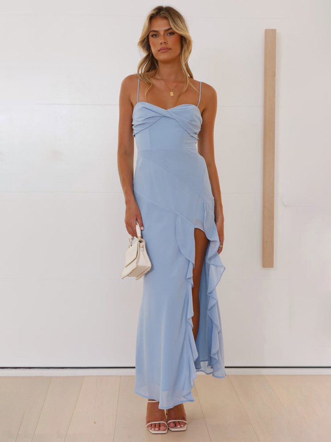 MIAKEE Shoulder Straps Ruffles Slit Draped Empire Maxi Dress