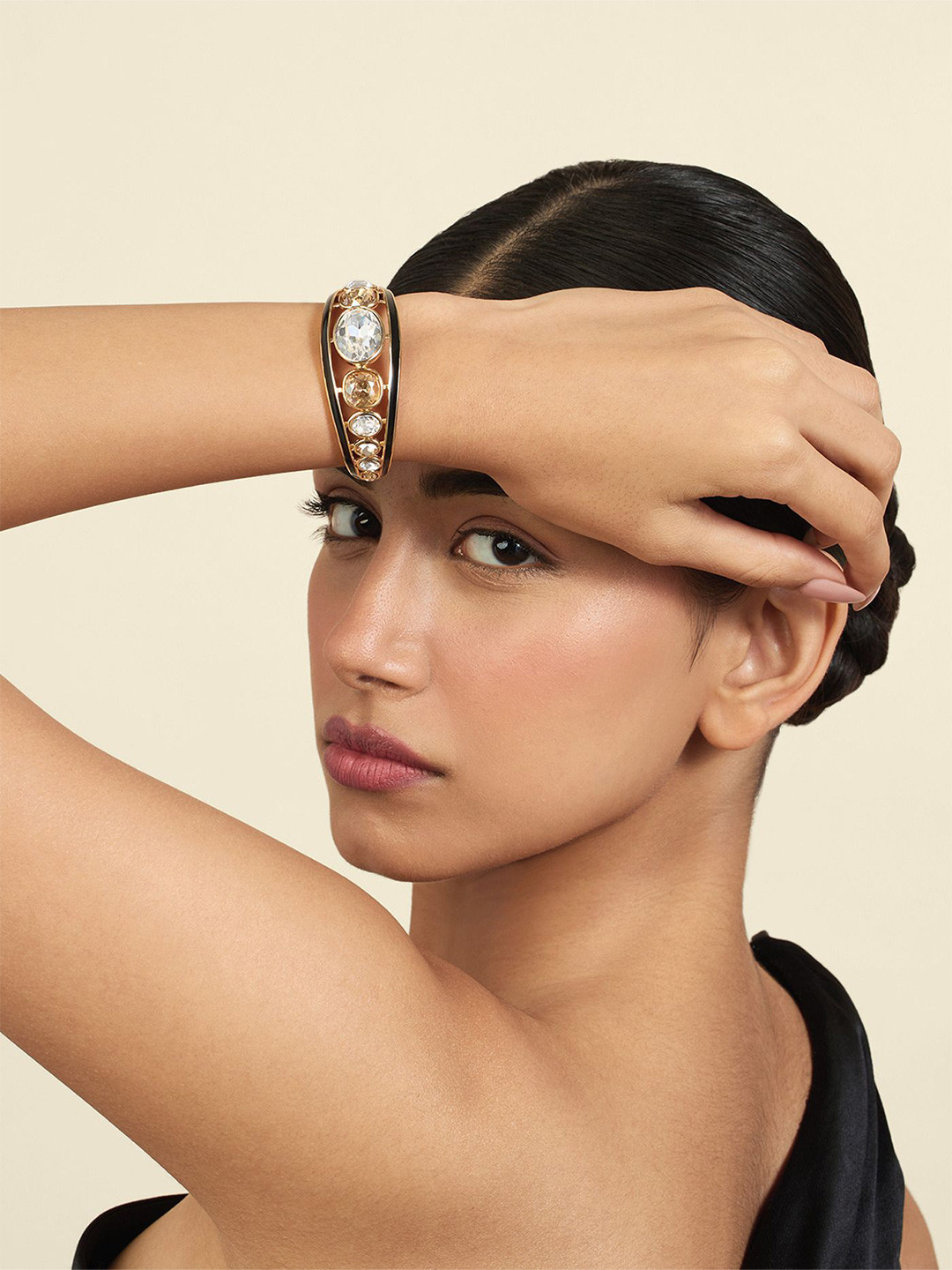 Isharya Women Brass 18KT Gold-Plated Crystals Studded Water Baby Statement Cuff Bracelet