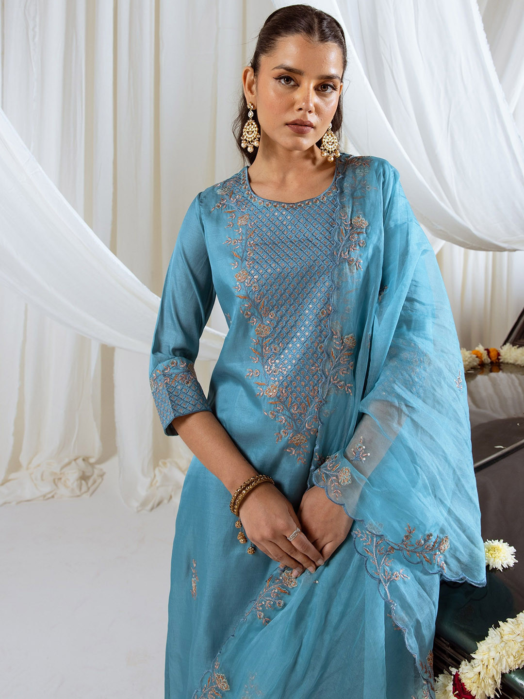 Sangria Floral Embroidered Round Neck Muslin Silk Straight Kurta With Trousers And Dupatta