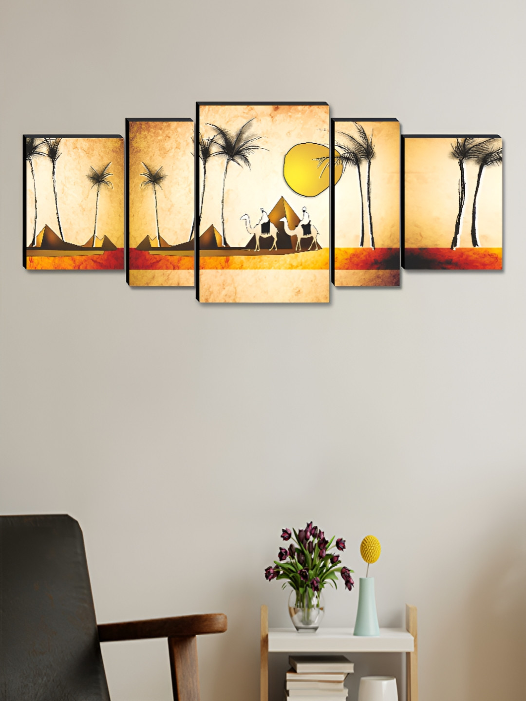 Aura White & Yellow 5 Pieces Wooden Village Wall Paintings