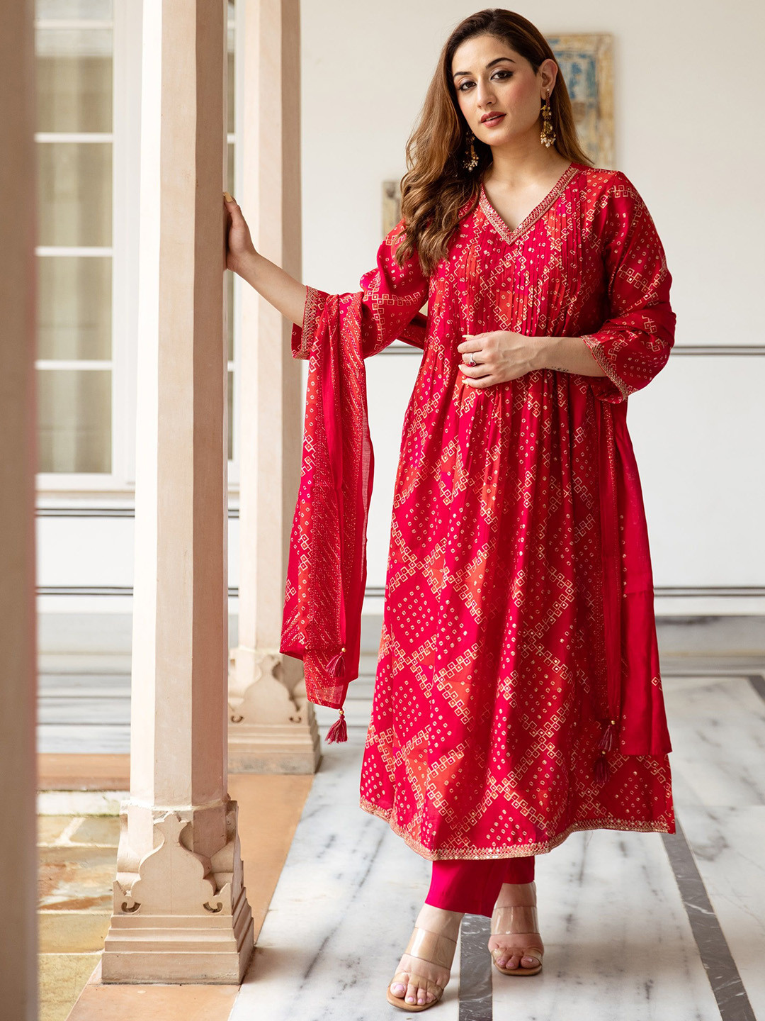 Sangria Bandhani Printed V-Neck Sequinned Modal Muslin A-Line Kurta With Trouser & Dupatta
