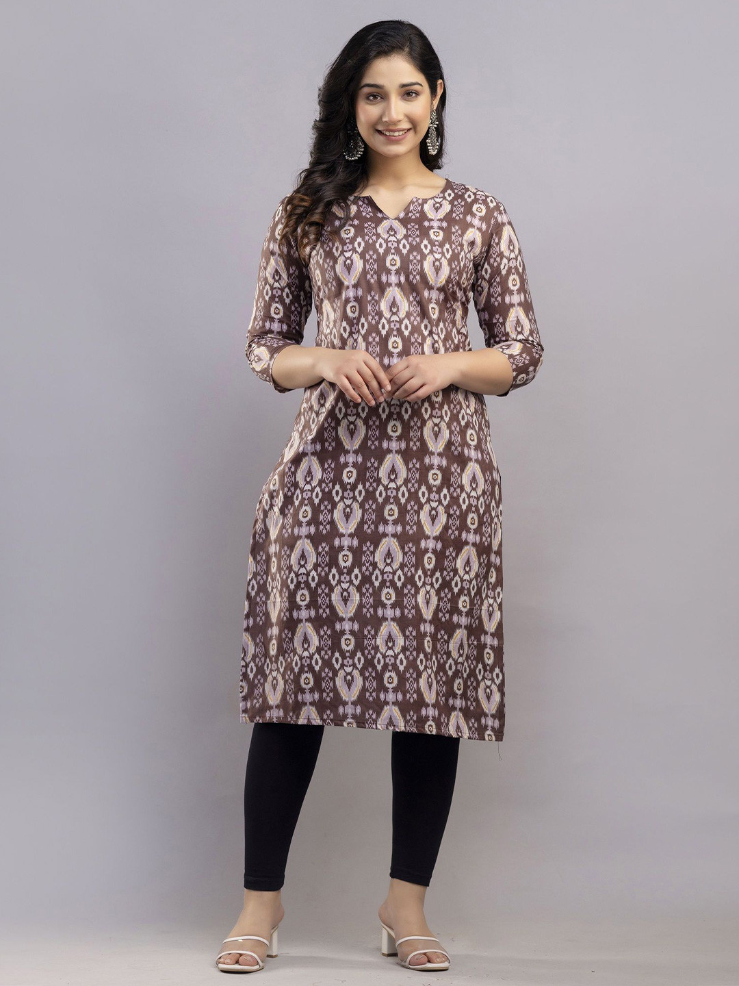 DEVEK Floral Printed Notch Neck Pure Cotton Straight Kurta