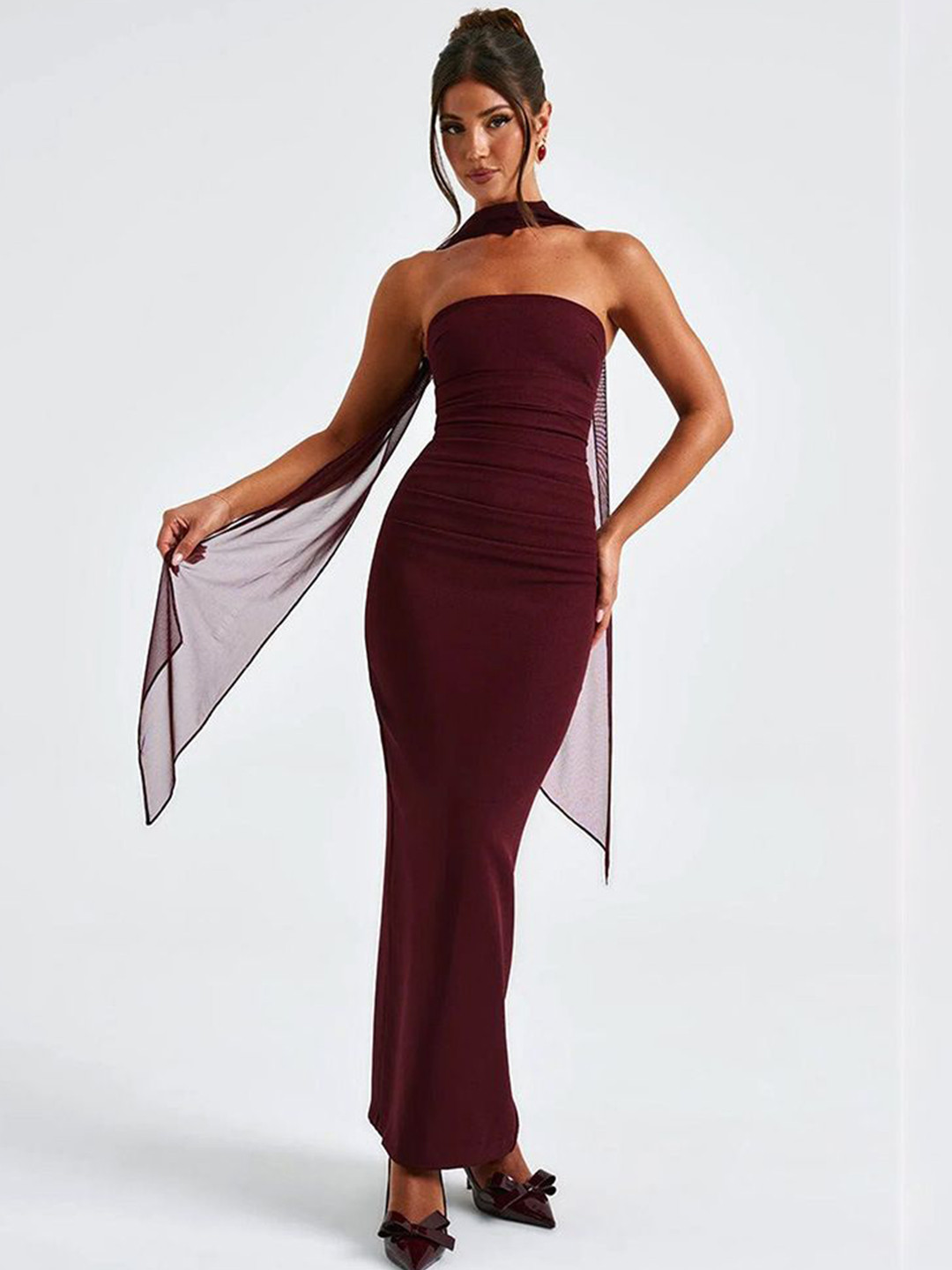 MIAKEE  Solid Black Bandeau Slits detail Maxi Dress With Stole