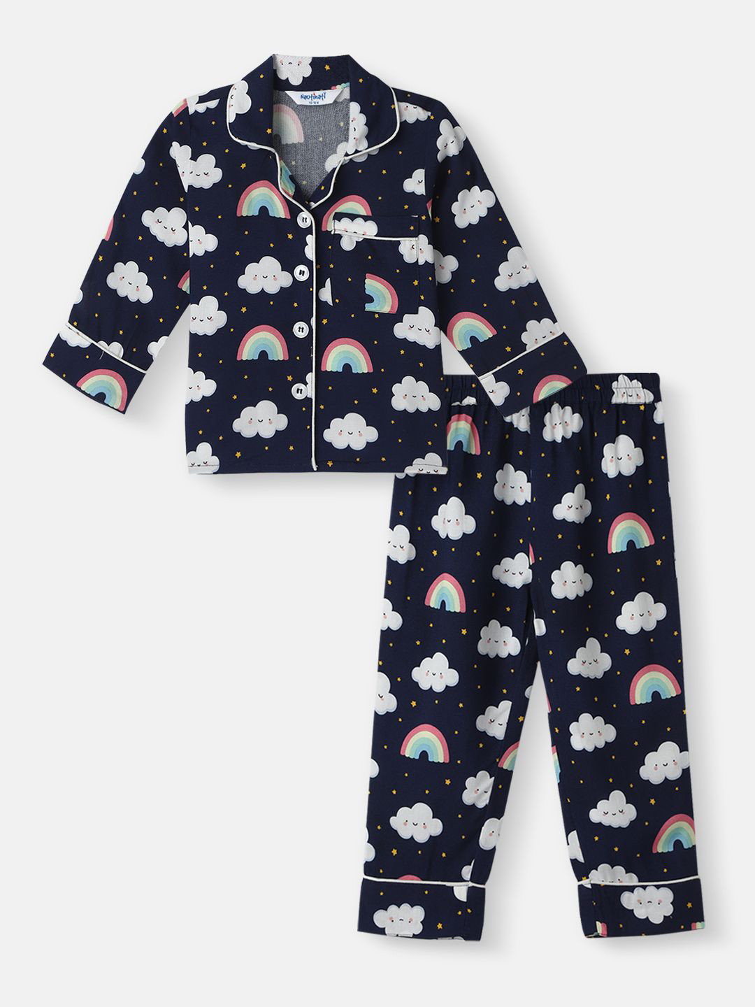 Nauti Nati Boys Clouds and Rainbow Print Chest Pocket Shirt and Pyjama Set