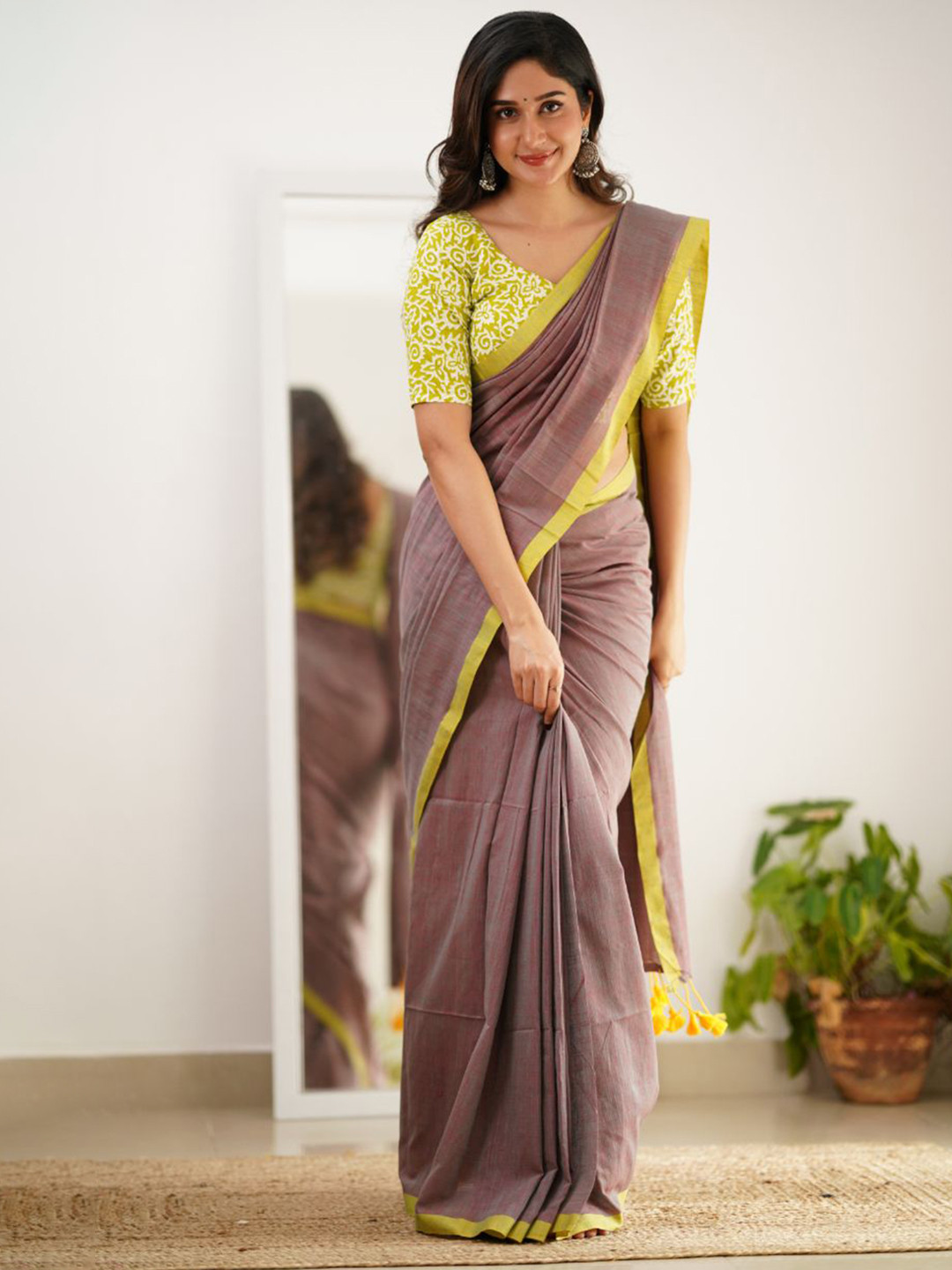 Sutisancha Nut Brown Cotton Drape with Designer Blouse