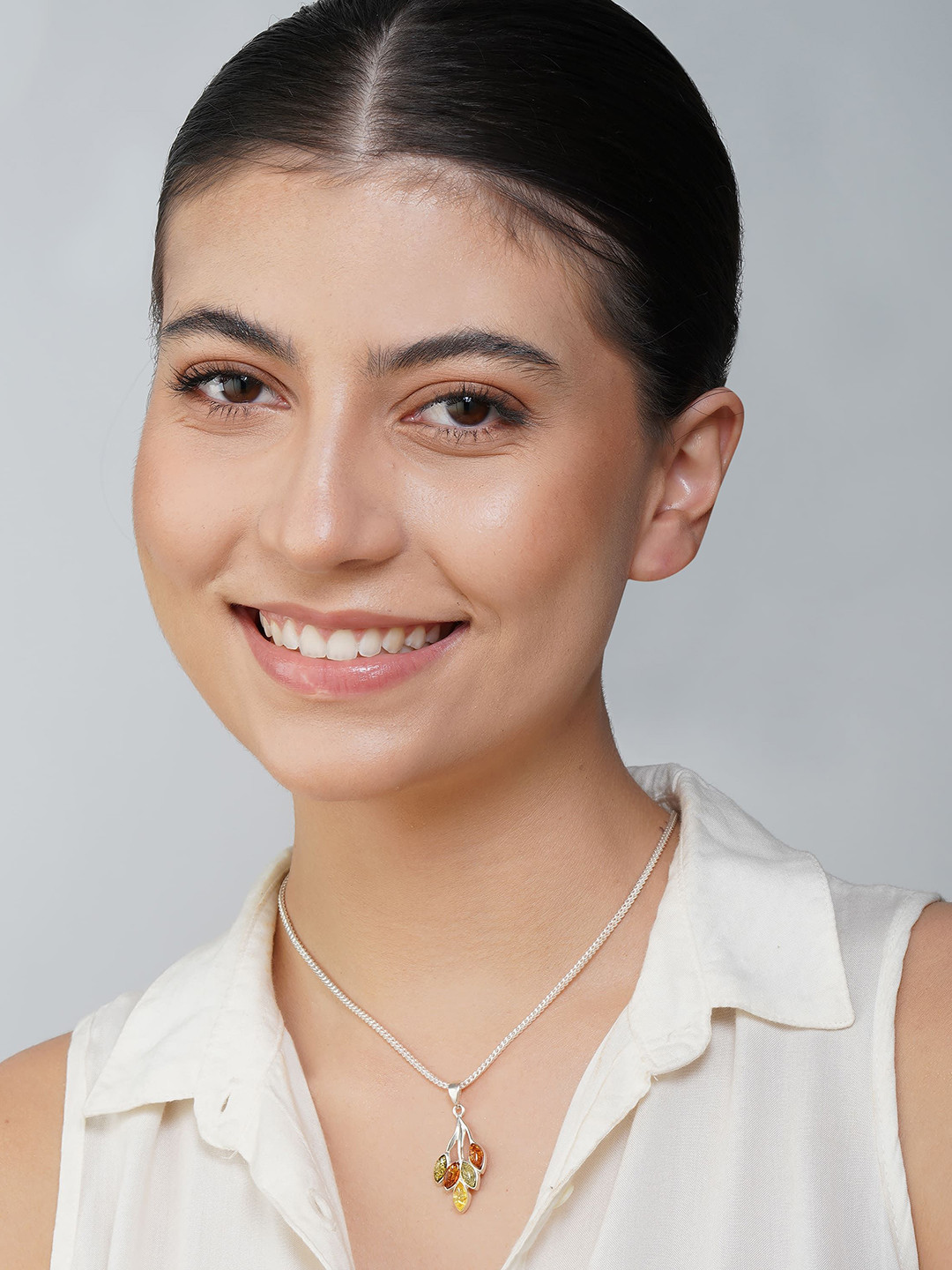 Asteri Shine On Sterling Silver Multicolor European Baltic Amber Five-Leaves Twig Pendant