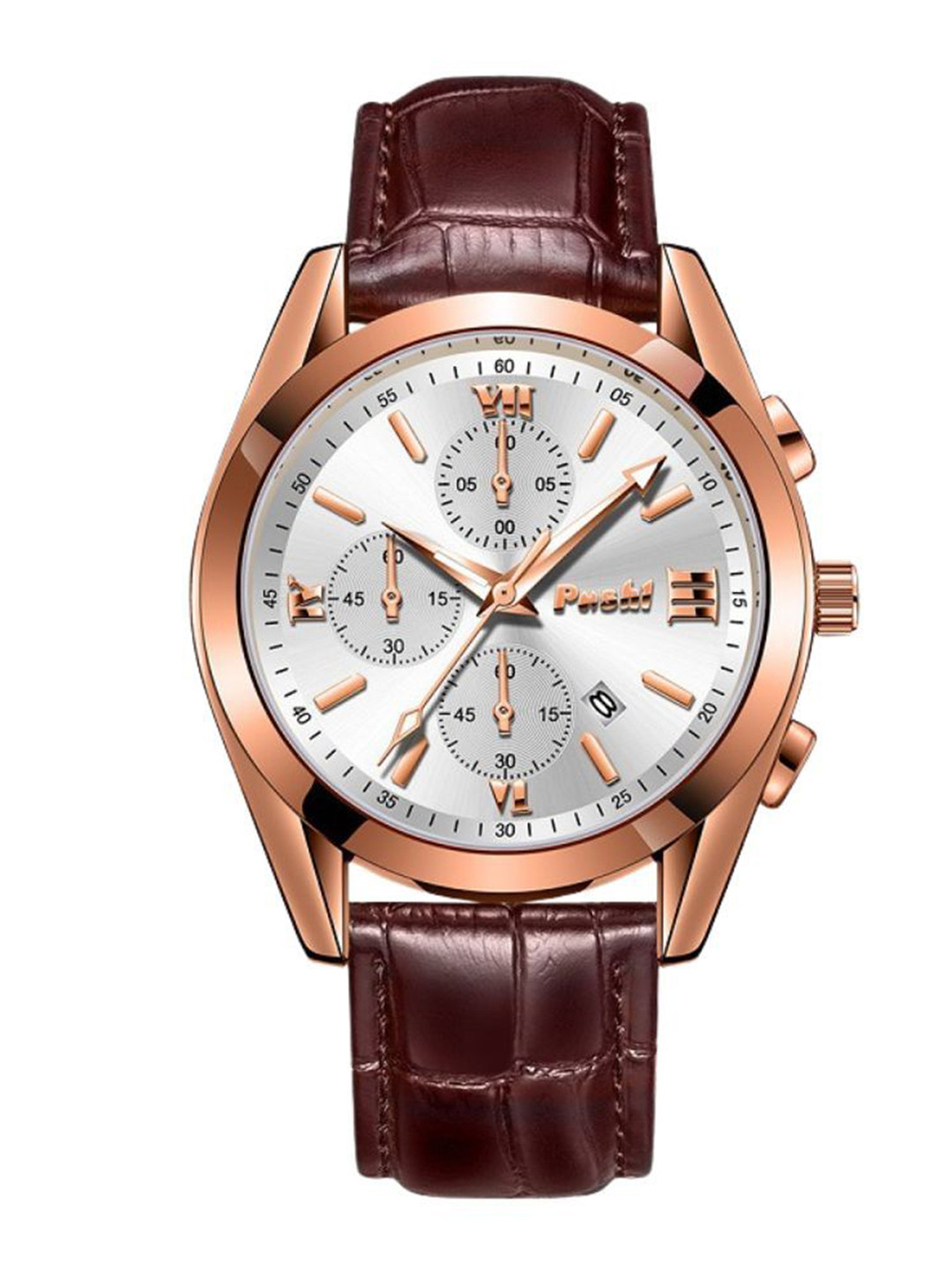 Poshi Men Leather Strap Round Dial Water Resistant Quartz Watch